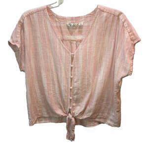 Caffe Marrakesh Linen Blend Top Women XL Pink Orange Striped Tie Bottom Shirt